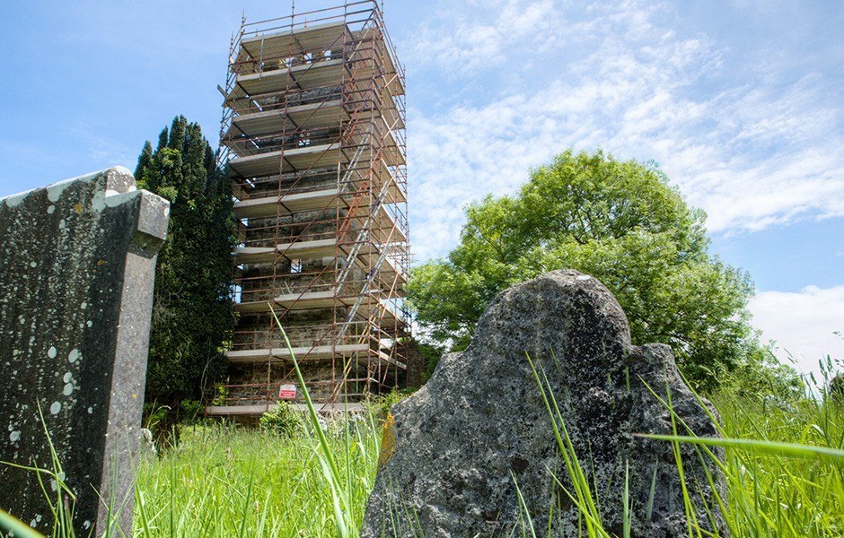 Innishannon church tower in scaffolding Building conservation Cork